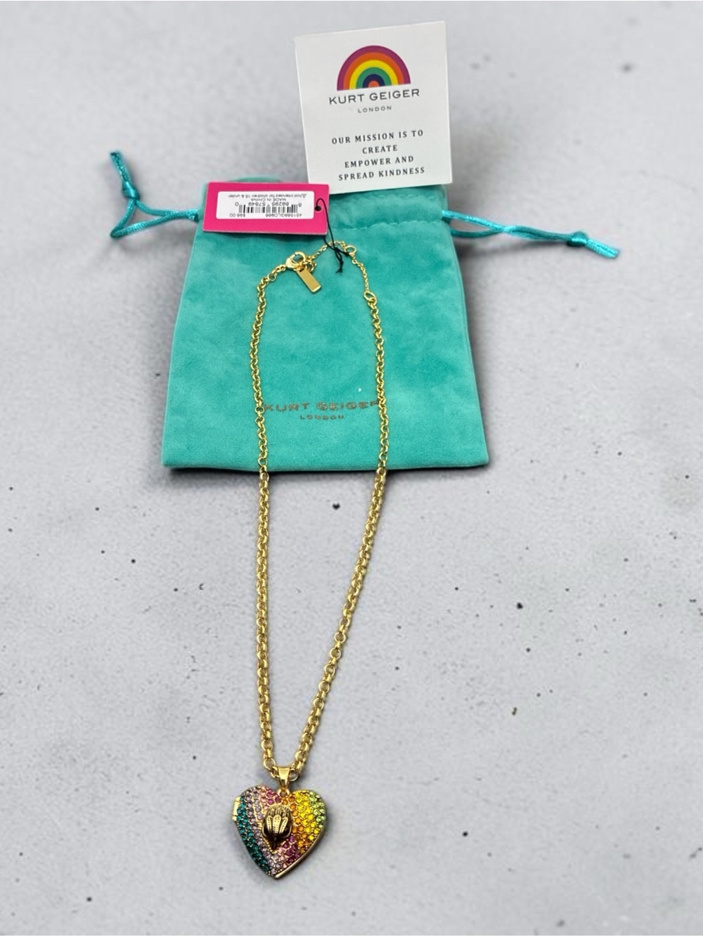 NWT Kurt Geiger London Rainbow Crystal Heart Eagle Locket Necklace Gold Tone